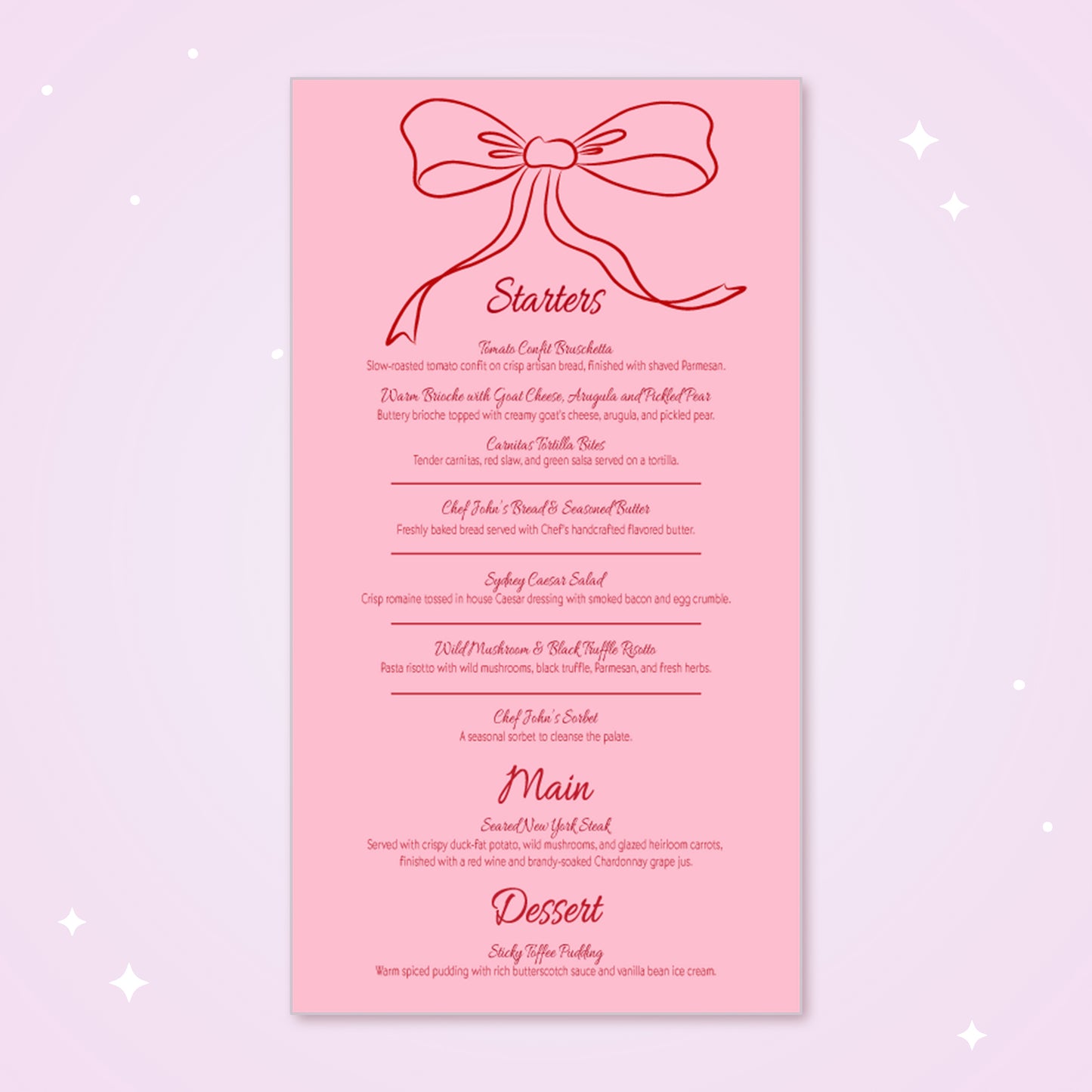 Pink and Red Bow Menu