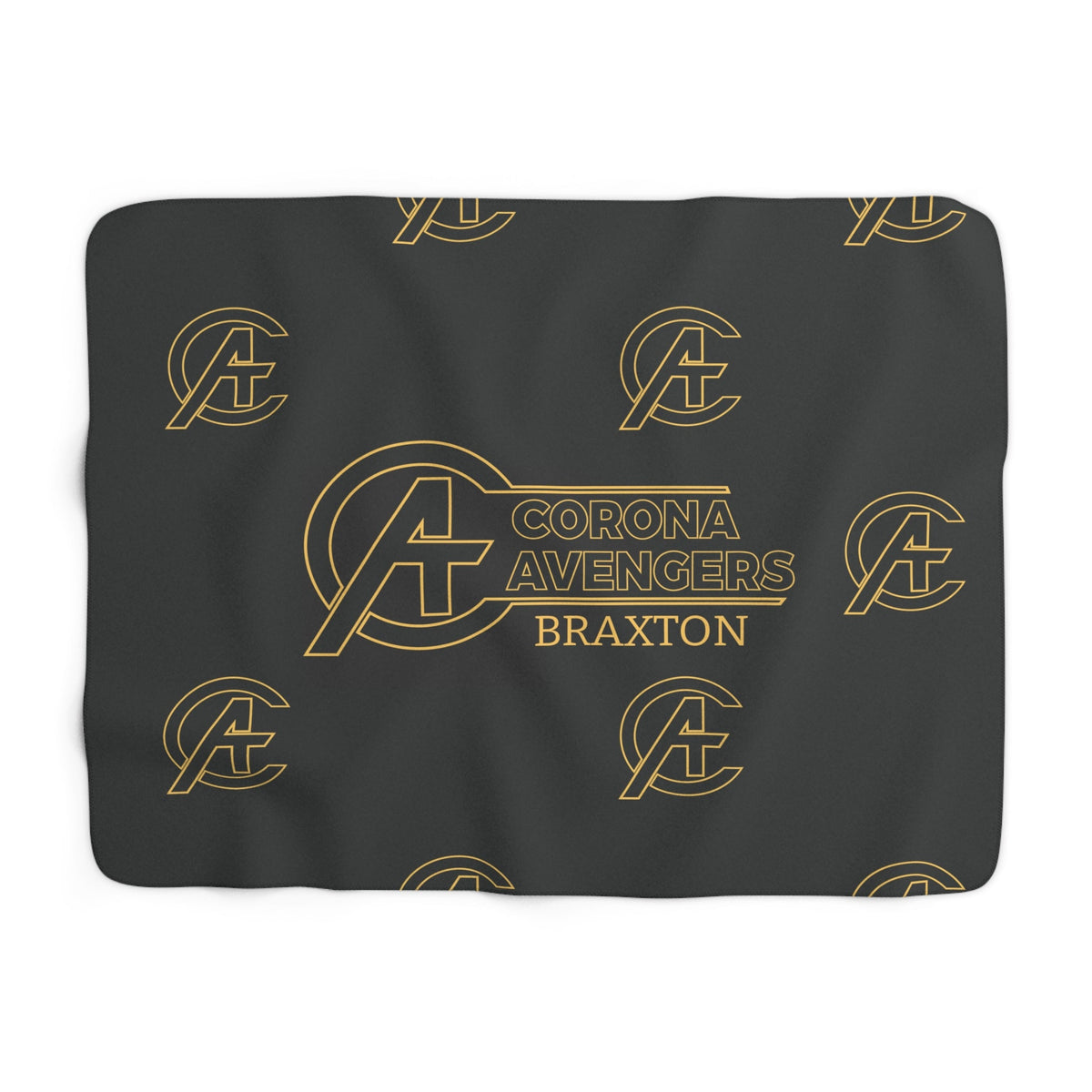 A dark gray rectangular mat or pad featuring a repeating gold outline of the Avengers 'A' logo and vertical text reading 'CORONA AVENGERS BRAXTON' in the center, shown on a plain white background.