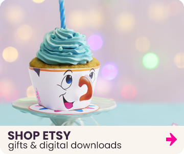 cupcake wrapper of Chip with blue frosting and a blue birthday candle with a glitter blurred background. Browse digital downloads, gifts & ready to shop faves