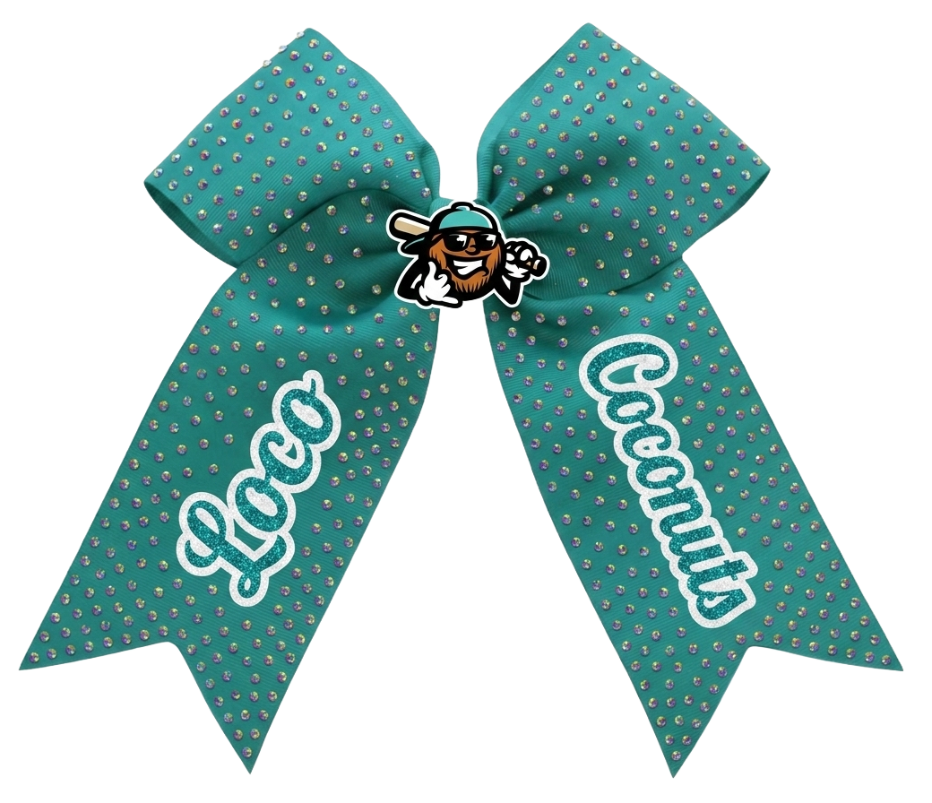 teach cheer bow with rainbow crystal rhinestones, custom loco coconuts text and custom character in the middle of the bow.