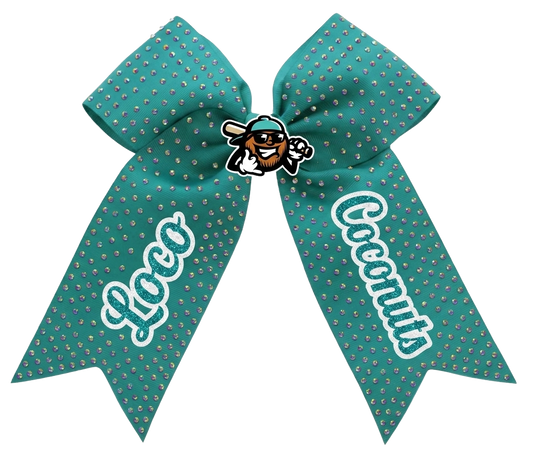 teach cheer bow with rainbow crystal rhinestones, custom loco coconuts text and custom character in the middle of the bow.