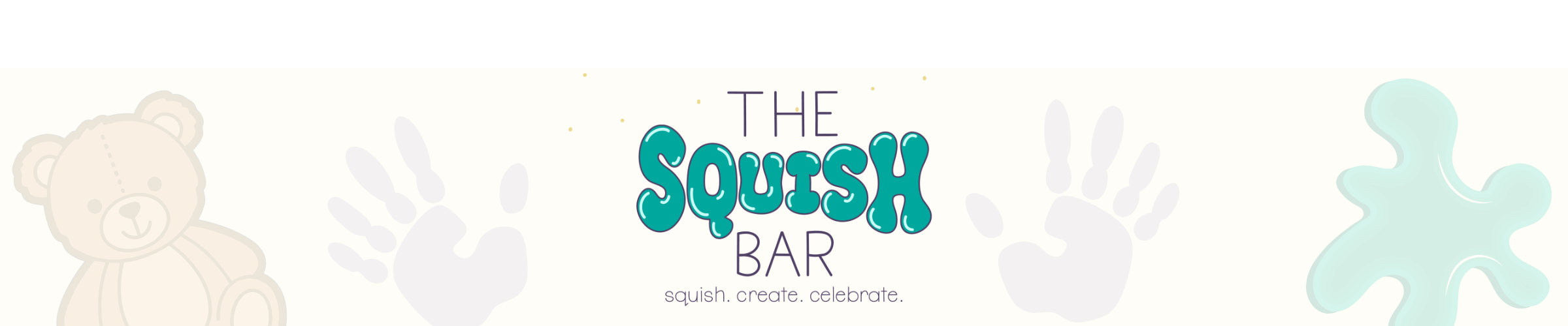 Logo of The Squish Bar with a teddy bear, hand painting and slime on a light cream background
