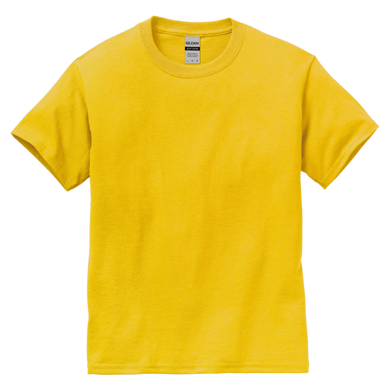 Yellow t-shirt with a brand label on a white background