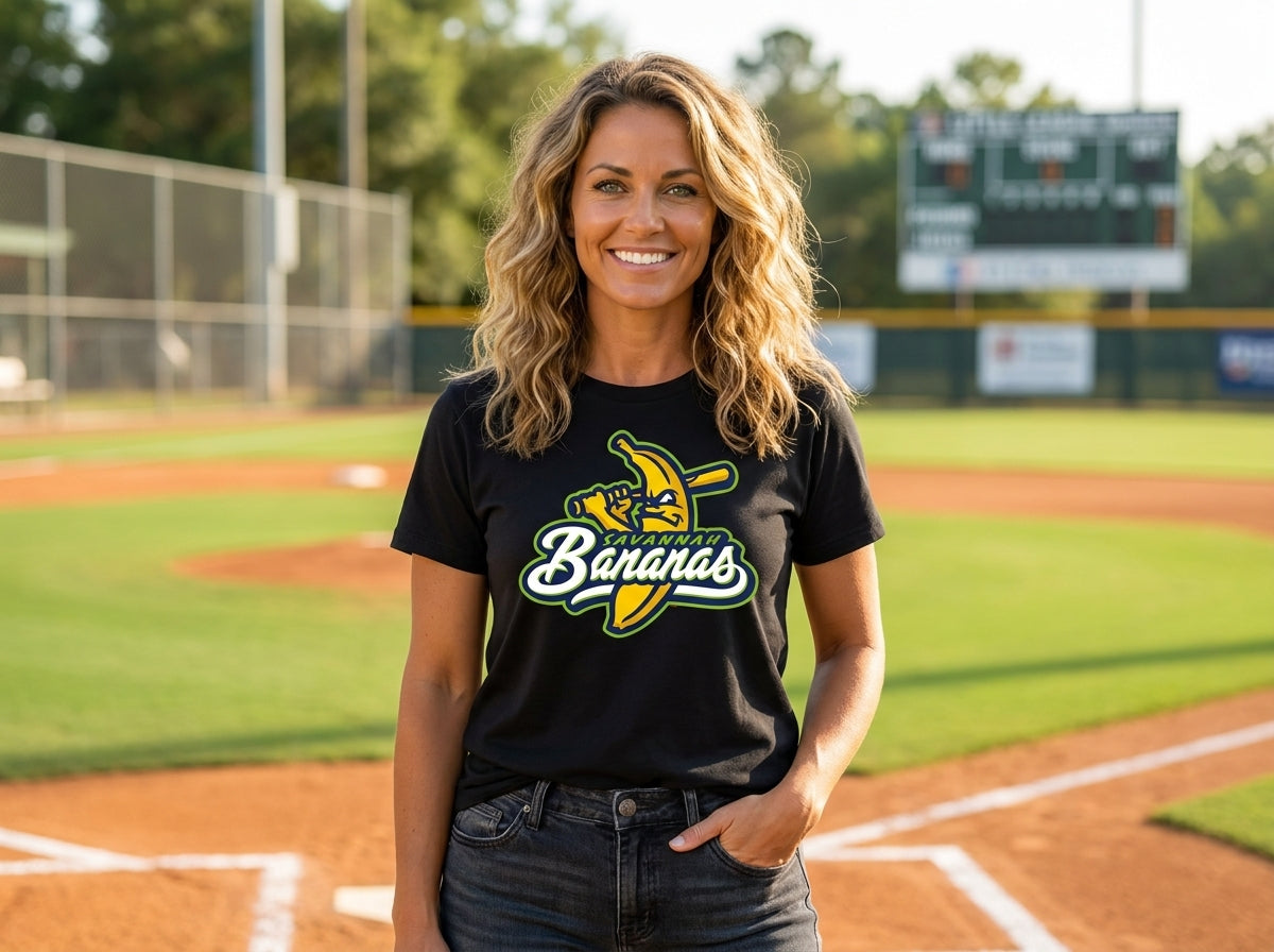 A smiling woman stands on a baseball field wearing a black graphic T-shirt paired with blue jeans.