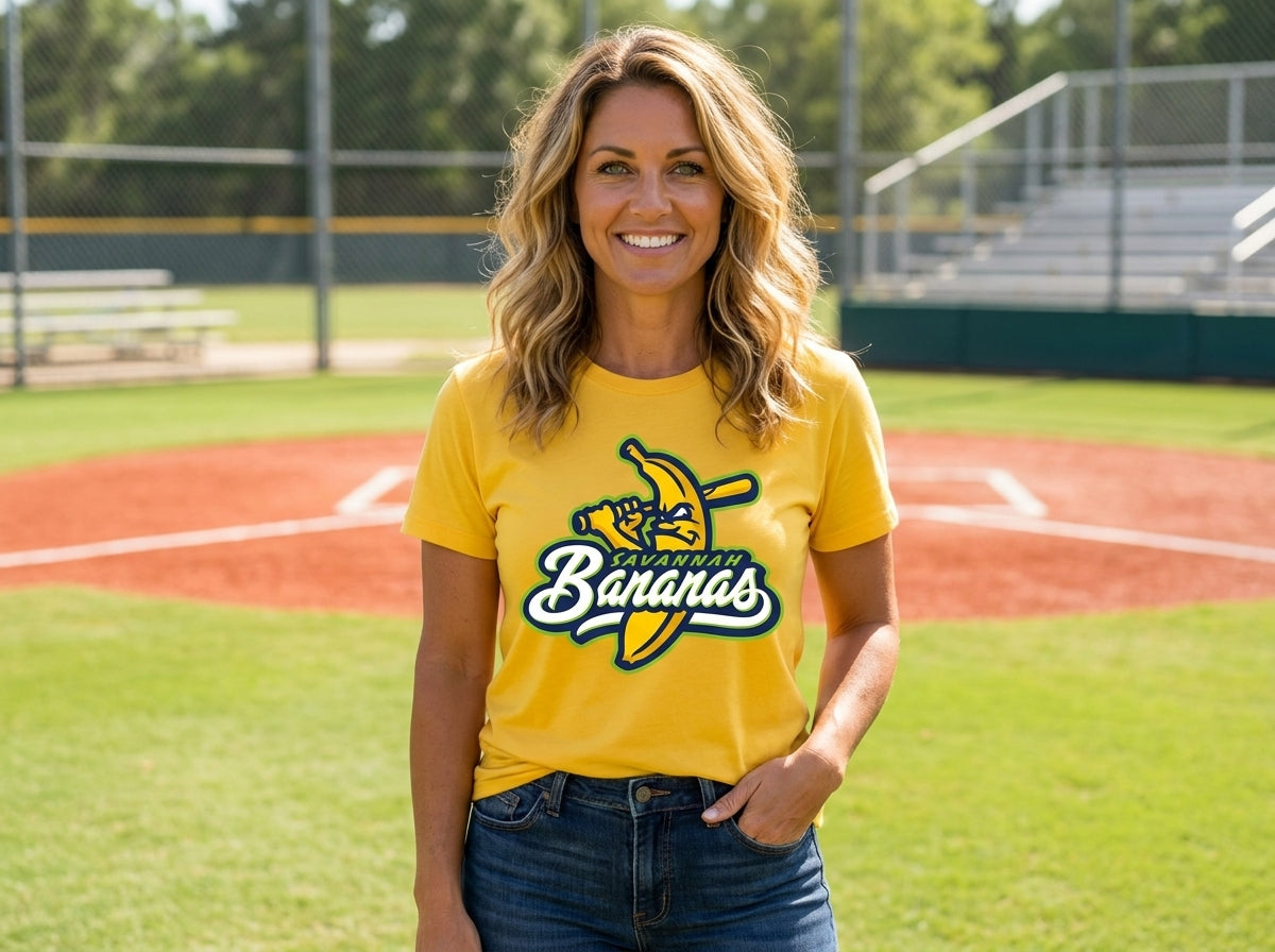 A smiling woman stands on a baseball field wearing a bright yellow graphic T-shirt paired with blue jeans.