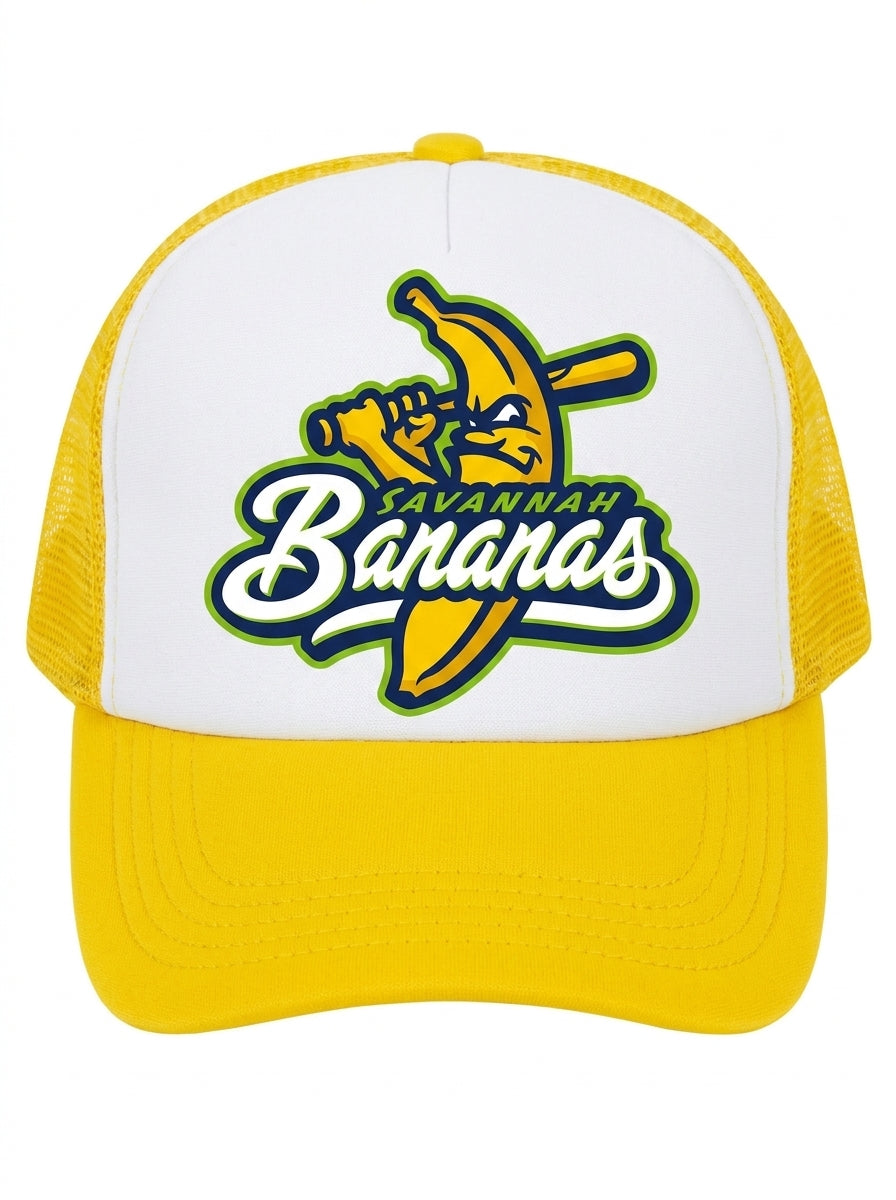 A yellow and white trucker hat featuring a logo graphic on the front panel, with a yellow brim and mesh back.