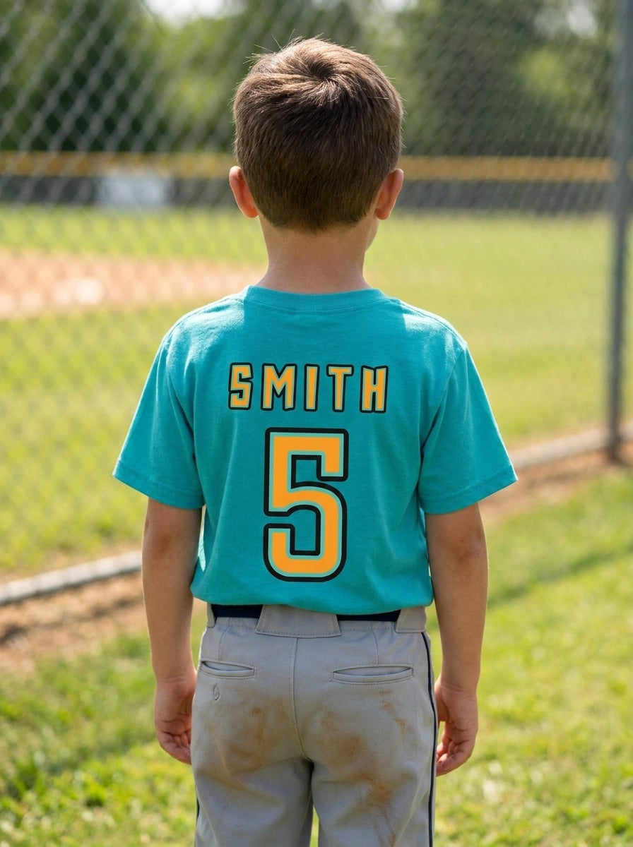 A young boy viewed from behind wearing a turquoise short-sleeve t-shirt with 'SMITH' and the number '5' printed on the back in yellow and black, standing on a grassy baseball field.